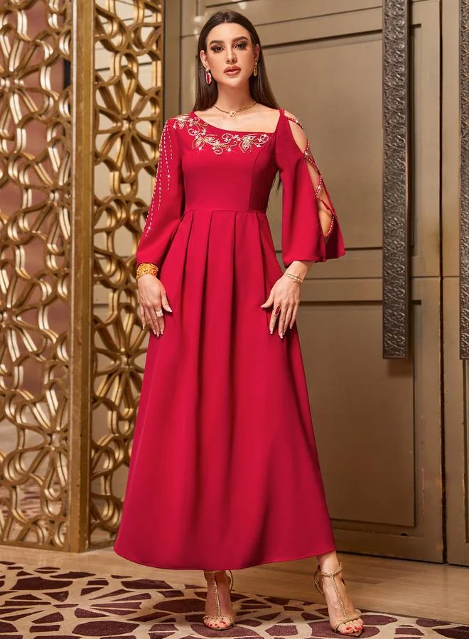 Take Two Women Red Rhinestone Embellished Cut-Out Sleeve Maxi Dress